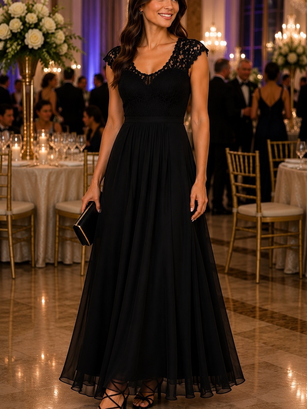 PAKULA Black Lace Maxi Dress Women’s L cap sleeves, Formal Evening Gown NWT